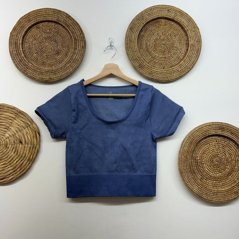 Offline by Aerie Blue Ribbed Short Sleeve Cropped Crop Top Tee XL Athleisure